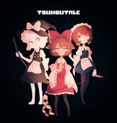 Rule 34 | 1boy, androgynous, apron, ascot, asriel dreemurr, between fingers, black background, black legwear, black skirt, black vest, blue dress, blush stickers, bow, broom, brown hair, chara (undertale), cosplay, crossdressing, detached sleeves, dress, expressionless, frisk (undertale), gohei, green eyes, hair bow, hair tubes, hakurei reimu, hakurei reimu (cosplay), hand up, hat, hat bow, head tilt, holding, holding broom, holding knife, izayoi sakuya, izayoi sakuya (cosplay), kirisame marisa, kirisame marisa (cosplay), knife, knives between fingers, looking to the side, maid, maid apron, maid headdress, one eye closed, pantyhose, parody, phantasmic, red bow, red eyes, red shirt, red skirt, ribbon, ribbon-trimmed sleeves, ribbon trim, shirt, short sleeves, simple background, skirt, sleeveless, sleeveless dress, sleeveless shirt, smile, spoilers, title parody, touhou, undertale, vest, waist apron, white shirt, witch hat
