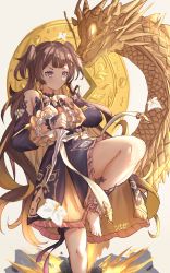 Rule 34 | 1girl, absurdres, anya melfissa, barefoot, bow, bowtie, brown hair, commentary, dagger, detached sleeves, dragon, eastern dragon, fighting stance, highres, holding, holding sword, holding weapon, hololive, hololive indonesia, jeze, knife, kris (sword), leg ribbon, long hair, looking at viewer, multicolored hair, purple eyes, ribbon, shade, sidelocks, signature, simple background, solo, standing, standing on one leg, sword, thighs, two-tone hair, two side up, virtual youtuber, wavy hair, weapon