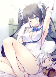 Rule 34 | 1boy, 1girl, arm ribbon, arm up, armpits, bare shoulders, barefoot, bed, bell cranel, black hair, blue eyes, blue ribbon, blush, bow, breasts, character doll, cleavage, cleavage cutout, clothing cutout, commentary request, dress, dungeon ni deai wo motomeru no wa machigatteiru darou ka, gloves, hair ornament, hair ribbon, hand up, hestia (danmachi), itoichi., large breasts, long hair, on bed, one eye closed, open mouth, rei no himo, revision, ribbon, short dress, sitting, sleeveless, sleeveless dress, twintails, white dress, white gloves, white hair