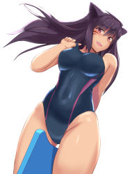 Rule 34 | 1girl, adjusting clothes, adjusting swimsuit, animal ears, arm behind back, between legs, black one-piece swimsuit, breasts, brown hair, competition swimsuit, covered navel, dutch angle, facial mark, gluteal fold, highres, kickboard, long hair, looking at viewer, mayomaru1, medium breasts, one-piece swimsuit, open mouth, original, red eyes, simple background, smile, solo, standing, swimsuit, thighs, white background, wind