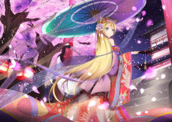 Rule 34 | 10s, 1girl, alternate costume, animal, animal ears, architecture, ayase eli, back, beads, bird, blonde hair, blue eyes, building, cherry blossoms, closed mouth, crane (animal), east asian architecture, eyelashes, floral print, flower, fox ears, from behind, from below, glowing, hachimaki, hair between eyes, hair flower, hair ornament, headband, holding, holding smoking pipe, holding umbrella, japanese clothes, kemonomimi mode, kiseru, lantern, long hair, long sleeves, looking at viewer, looking back, love live!, love live! school idol project, nejiri hachimaki, night, night sky, off shoulder, oil-paper umbrella, outdoors, pagoda, petals, red lips, ribbon, see-through, seigaiha, sky, smoking pipe, solo, stairs, tree, umbrella, very long hair, wide sleeves, xiaosan ye