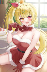 Rule 34 | 1girl, absurdres, alternate costume, bare shoulders, belt, black belt, blonde hair, bow, bowtie, breasts, cake, christmas, christmas tree, cleavage, collarbone, commentary request, dress, food, fruit, gloves, hair ornament, hair ribbon, heterochromia, highres, hoshikawa sara, indoors, large breasts, long hair, looking at viewer, nijisanji, open mouth, orange ribbon, red bow, red bowtie, red dress, red eyes, red gloves, red ribbon, ribbon, side ponytail, sitting, smile, solo, strawberry, thighs, two-tone ribbon, virtual youtuber, window, x hair ornament, yellow eyes, yukiunag1