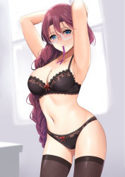 Rule 34 | 1girl, armpits, arms behind head, arms up, black bra, black panties, blue eyes, blush, bra, braid, breasts, brown thighhighs, closed mouth, commentary, commission, cowboy shot, eiyuu densetsu, emma millstein, english commentary, falcom, glasses, gluteal fold, highres, kauru00, lace, lace-trimmed bra, lace-trimmed panties, lace trim, large breasts, long hair, looking at viewer, navel, panties, red hair, rimless eyewear, sen no kiseki, single braid, solo, stomach, thighhighs, underwear, underwear only, very long hair