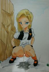 Rule 34 | 1girl, absurdres, android, android 18, ashigaki radar, black footwear, black gloves, black vest, blonde hair, blue background, blue eyes, blush, bottomless, breasts, censored, collarbone, dragon ball, dragonball z, earrings, gloves, grass, highres, jewelry, looking at viewer, mary janes, medium breasts, necklace, orange socks, pearl necklace, peeing, puddle, pussy, robot, rock, shirt, shoes, short hair, short sleeves, socks, squatting, sweat, two-tone background, vest, white background, white shirt