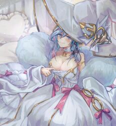 Rule 34 | 1girl, bare shoulders, blue eyes, blue hair, breasts, cleavage, clothes pull, detached sleeves, dress, dress pull, duel monster, fur scarf, gradient hair, hat, heart, heart-shaped pillow, highres, horseshoe, large breasts, long sleeves, multicolored hair, pillow, pipu 012, purple eyes, purple hair, rilliona (yu-gi-oh!), rilliona the wondrous magistus witch wardrobe, smug, solo, streaked hair, white dress, witch hat, yu-gi-oh!