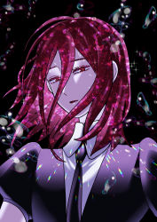 Rule 34 | 1other, absurdres, ahoge, androgynous, bad id, bad twitter id, black background, cinnabar (houseki no kuni), colored eyelashes, commentary request, crystal hair, gem uniform (houseki no kuni), hair between eyes, highres, houseki no kuni, korean commentary, light particles, long bangs, looking at viewer, mercury (element), moina, necktie, open mouth, puffy short sleeves, puffy sleeves, red eyes, red hair, shirt, short sleeves, simple background, solo, sparkle