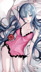 Rule 34 | 1girl, apple, aqua eyes, aqua hair, aqua nails, black panties, blush, breasts, collarbone, commentary, contrapposto, cowboy shot, dress, food, from above, fruit, half-closed eyes, hand up, hatsune miku, highres, lingerie, long hair, looking at viewer, lying, messy hair, nail polish, on back, open mouth, panties, pink dress, polka dot, polka dot dress, romeo to cinderella (vocaloid), skinny, small breasts, solo, soyaka, spaghetti strap, twintails, underwear, very long hair, vocaloid