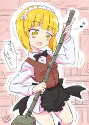 Rule 34 | 10s, 1girl, apron, artist name, bar (place), bartender, black apron, black bow, black bowtie, blonde hair, blunt bangs, bob (you-u-kai), bow, bowtie, broom, brown vest, commentary, cutlass (girls und panzer), dress shirt, eighth note, frilled apron, frills, girls und panzer, handkerchief, happy, holding, holding broom, large bow, long sleeves, looking down, maid headdress, miniskirt, motion lines, musical note, one-hour drawing challenge, open mouth, pleated skirt, romaji text, school uniform, shirt, short hair, signature, skirt, smile, solo, standing, standing on one leg, vest, waist apron, white shirt, white skirt, wing collar, yellow eyes
