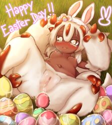 Rule 34 | absurdres, aroused, arthropod, ass, bad tag, breasts, bug, bunny ears (gesture), cum, dark skin, easter bunny, easter egg, egg, egg laying, extra arms, fake ears, fake rabbit ears, faputa, gesture, grass, grass field, happy easter, highres, horns, leg grab, lepidopteran, lying, lying on grass, lying on ground, made in abyss, multiple tails, narehate, narrowed eyes, navel, nipples, on back, plant, pussy juice, single horn, small breasts, solo, tail, tongue, tongue out, translucent, translucent hair, true fossil soul, white fur, yellow eyes