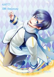 Rule 34 | 10s, 1boy, 2016, 48kaz, :d, anniversary, argyle, argyle background, argyle clothes, blue eyes, blue hair, blue nails, coat, dated, from above, kaito (vocaloid), lips, looking at viewer, looking up, male focus, matching hair/eyes, nail polish, open mouth, patterned background, scarf, smile, solo, swept bangs, twitter username, vocaloid