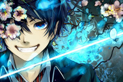 Rule 34 | 1boy, ao no exorcist, bad id, bad pixiv id, black hair, blue eyes, cherry blossoms, fangs, flower, glowing, glowing weapon, grin, male focus, matsunaka hiro, okumura rin, pointy ears, smile, solo, sword, weapon