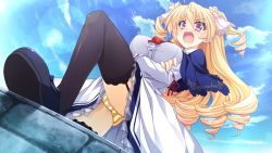 Rule 34 | 1girl, angry, blonde hair, blush, breasts, cloud, crossed arms, dress, drill hair, feet, game cg, garter belt, girls be ambitious!, large breasts, legs, long hair, looking down, misasagi elena, open mouth, panties, pantyshot, pink eyes, shoes, skirt, sky, solo, standing, striped clothes, striped panties, thighhighs, thighs, underwear, upskirt