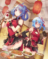 Rule 34 | 2girls, ahoge, bamboo steamer, baozi, bare shoulders, bell, bili girl 22, bili girl 33, bilibili, black legwear, black skirt, blue hair, blush, breasts, carminar, china dress, chinese clothes, cup, dress, food, grin, hair rings, hairband, hand on own hip, hands up, highres, holding, indoors, jingle bell, lantern, medium breasts, multiple girls, nail polish, one eye closed, one side up, paper lantern, parted lips, plate, pleated skirt, red dress, red eyes, red hairband, red nails, saucer, skirt, sleeveless, sleeveless dress, small breasts, smile, thighhighs, wrist cuffs