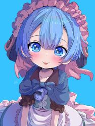 1boy :p absurdres apron blue_background blue_capelet blue_corset blue_eyes blue_hair blush capelet collarbone commentary_request corset dot_nose double-parted_bangs frilled_apron frilled_sleeves frills highres looking_at_viewer made_in_abyss maid maid_headdress male_focus maruruk sekaineko_001 short_hair short_sleeves smile solo sparkling_eyes tongue tongue_out trap upper_body whistle whistle_around_neck white_apron yellow_pupils