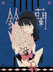 Rule 34 | 1girl, akemi homura, artist name, black hair, black hairband, blue background, bouquet, bow, closed eyes, closed mouth, dated, facing viewer, flower, hairband, hands up, highres, holding, holding bouquet, lily of the valley, limited palette, long hair, magical girl, mahou shoujo madoka magica, pink bow, relanoy, shirt, solo, translation request, upper body, white flower, white shirt