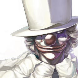 Rule 34 | 1boy, ako (nedm), bad id, bad pixiv id, clown, clown nose, evil clown, facepaint, grey eyes, hat, lowres, male focus, original, silver hair, simple background, smile, solo, top hat, white background