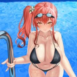 Rule 34 | 1girl, animated, asamura hiori, azur lane, bare shoulders, bikini, black bikini, blush, breasts, cleavage, closed mouth, collarbone, goggles, goggles on head, hair between eyes, hair ornament, handjob gesture, large breasts, licking lips, long hair, looking at viewer, lowres, md5 mismatch, navel, o-ring, o-ring bikini, pool, pool ladder, red hair, resolution mismatch, sexually suggestive, side ponytail, sidelocks, smile, solo, source larger, swimsuit, tongue, tongue out, ugoira, video, wet, yellow eyes, zara (azur lane), zara (poolside coincidence) (azur lane)