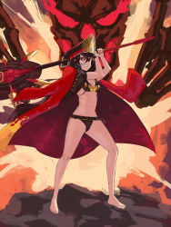 Rule 34 | 1girl, aura, bikini, black bikini, black hair, breasts, cleavage, fate/grand order, fate (series), full body, grin, hat, headphones, headphones around neck, holding, holding weapon, jacket, jacket on shoulders, long hair, looking at viewer, navel, oda nobunaga (fate), oda nobunaga (koha-ace), oda nobunaga (swimsuit berserker) (fate), oda nobunaga (swimsuit berserker) (second ascension) (fate), peaked cap, quentin lecuiller, red eyes, small breasts, smile, solo, standing, stomach, swimsuit, weapon
