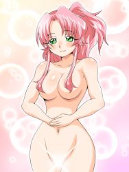 Rule 34 | 1girl, blush, breasts, convenient censoring, eyes visible through hair, glowing, green eyes, hair censor, hair over breasts, hands on stomach, highres, inabakun00, large breasts, long hair, looking at viewer, navel, nude, original, pink hair, ponytail, rio (inaba), smile, solo, sparkle, standing