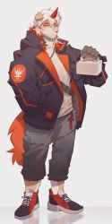 Rule 34 | 1boy, :/, animal ears, arknights, brown fur, casual, dog boy, dog ears, dog tail, full body, furry, furry male, hachi duchi, highres, horns, hung (arknights), jacket, male focus, medium hair, multicolored hair, open clothes, open jacket, orange hair, pants, shoes, single horn, solo, streaked hair, tail, two-tone fur, white background, white fur, white hair, yellow eyes