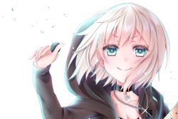 Rule 34 | 1girl, aoba moca, bang dream!, black choker, black jacket, blue eyes, breasts, choker, cleavage, clip studio paint (medium), closed mouth, collarbone, commentary request, glint, hair between eyes, hand up, highres, holding, hood, hood up, hooded jacket, jacket, jewelry, light brown hair, looking at viewer, necklace, plectrum, ringouulu, simple background, small breasts, smile, solo, upper body, white background