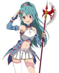 Rule 34 | 10s, 1girl, :d, armor, asymmetrical legwear, axe, battle axe, blue hair, breastplate, bridal gauntlets, character request, cowboy shot, detached sleeves, hair ornament, hairclip, high ponytail, holding, holding sword, holding weapon, long hair, looking at viewer, midriff, miniskirt, navel, open mouth, pleated skirt, red eyes, salute, simple background, skirt, smile, solo, standing, stomach, sword, sword art online, thigh strap, thighhighs, uneven legwear, very long hair, weapon, white background, white skirt