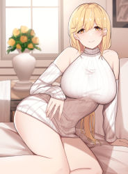 Rule 34 | 1girl, arm support, bed, blonde hair, breasts, commission, detached sleeves, dress, flower, highres, indoors, large breasts, long hair, long sleeves, looking at viewer, off-shoulder sweater, off shoulder, on bed, original, ribbed sweater, short dress, siu (siu0207), sleeveless, sleeveless dress, smile, solo, sweater, sweater dress, turtleneck, turtleneck sweater, vase, very long hair, white sweater, window, yellow eyes, yellow flower