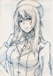 Rule 34 | 10s, 1girl, ascot, atago (kancolle), beret, choker, eyelashes, fur-trimmed choker, fur trim, hand on own hip, hat, kantai collection, long hair, looking to the side, military, military uniform, monochrome, naval uniform, shirubaburu, simple background, sketch, solo, uniform, upper body, white background