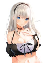 Rule 34 | 1girl, absurdres, black bra, black hairband, black ribbon, blue eyes, blush, bra, breasts, cleavage, closed mouth, detached sleeves, frilled bra, frilled sleeves, frills, hairband, hand on own chest, highres, large breasts, long hair, looking at viewer, minamihama yoriko, nail polish, navel, original, pink nails, ribbon, short sleeves, silver hair, simple background, smile, solo, twitter username, underwear, upper body, white background, wrist cuffs