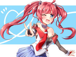 Rule 34 | 1girl, ahoge, azur lane, bare shoulders, blue eyes, blush, breasts, cleavage, collar, collarbone, detached sleeves, fingerless gloves, gloves, gudon (iukhzl), hair ornament, long hair, looking at viewer, medium breasts, necktie, one eye closed, open mouth, red hair, san diego (azur lane), skirt, smile, solo, twintails, v