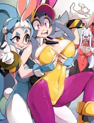 Rule 34 | 3girls, absurdres, animal ear fluff, animal ears, between breasts, black leggings, black necktie, black pantyhose, blue hair, blue leotard, bongfill, bow, bowtie, grabbing another&#039;s breast, breasts, brown eyes, cleavage, commentary, covered navel, dark-skinned female, dark skin, detached collar, english commentary, fingerless gloves, fishnet pantyhose, fishnets, gloves, grabbing, green eyes, grey hair, hair ornament, hands up, high ponytail, highleg, highleg leotard, highres, index finger raised, knee up, large breasts, leggings, legs apart, leotard, long bangs, long hair, looking at another, lower teeth only, multiple girls, necktie, necktie between breasts, open mouth, original, pac-man eyes, pantyhose, pink eyes, playboy bunny, pointing, rabbit ears, rabbit girl, rabbit tail, red bow, red bowtie, red leotard, red pantyhose, shadow, shrug (clothing), standing, standing on one leg, strapless, strapless leotard, tail, teeth, thick eyebrows, thighs, tongue, tongue out, upper teeth only, v-shaped eyebrows, white gloves, white hair, white leggings, white pantyhose, x hair ornament, yellow footwear, yellow leotard