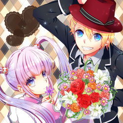 Rule 34 | 10s, 1boy, 1girl, ak0130, argyle, argyle background, argyle clothes, blonde hair, blue eyes, bouquet, crossover, flower, grin, hair ornament, hairclip, jacket, kurusu shou, lily (flower), long hair, official alternate costume, purple eyes, purple hair, red flower, red rose, rose, smile, sophie (tales), tales of (series), tales of graces, twintails, uta no prince-sama