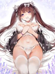 Rule 34 | 1girl, bare shoulders, blush, bow, breasts, breasts apart, brown hair, character request, collarbone, copyright request, covered mouth, detached sleeves, groin, hair bow, hair ribbon, highres, knees together feet apart, long hair, looking at viewer, lying, medium breasts, navel, on back, orihi chihiro, panties, purple eyes, ribbon, side-tie panties, solo, stomach, thighhighs, thighs, twintails, underwear, very long hair, white bow, white panties, white ribbon, white thighhighs, wide sleeves
