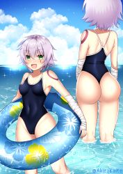 Rule 34 | 1girl, akira kaite, ass, back, bandaged arm, bandages, bare shoulders, blue one-piece swimsuit, blue sky, blush, breasts, cameltoe, collarbone, competition school swimsuit, covered navel, curvy, facial scar, fate/apocrypha, fate/grand order, fate (series), green eyes, hair between eyes, highleg, highleg swimsuit, highres, innertube, jack the ripper (fate/apocrypha), looking at viewer, medium breasts, multiple views, ocean, one-piece swimsuit, open mouth, scar, scar across eye, scar on cheek, scar on face, school swimsuit, shiny skin, shoulder tattoo, sky, smile, sparkle, swim ring, swimsuit, tattoo, thighs, wading, white hair