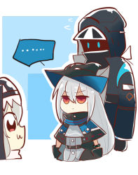 Rule 34 | 1other, 2girls, :3, arknights, black headwear, black jacket, blank speech bubble, closed mouth, commentary request, cropped legs, doctor (arknights), grey hair, hair between eyes, hat, hood, hooded jacket, jacket, long hair, long sleeves, looking at another, multiple girls, omo (h98013114), open clothes, red eyes, skadi (arknights), smile, specter (arknights), speech bubble, very long hair