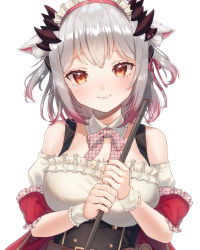 Rule 34 | 1girl, nanashi inc., animal ear fluff, animal ears, arm cuffs, bare shoulders, blush, bow, breasts, brown eyes, cleavage, commentary request, detached sleeves, gradient hair, highres, hiyorou, honey strap, horns, large breasts, looking at viewer, maid headdress, medium hair, multicolored hair, off-shoulder shirt, off shoulder, pink bow, pink neckwear, plaid, plaid bow, plaid neckwear, red hair, shirt, short sleeves, silver hair, smile, solo, streaked hair, suou patra, upper body, virtual youtuber, white background, white bow, white shirt, wrist cuffs