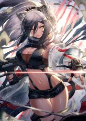 Rule 34 | 1girl, animal ears, arknights, arrow (projectile), bare shoulders, black shirt, black shorts, bow (weapon), breasts, cat ears, cat girl, cat tail, cleavage, cowboy shot, crop top, crossbow, grey hair, hair between eyes, highres, holding, jacket, kuroi susumu, large breasts, long hair, looking at viewer, micro shorts, midriff, navel, off shoulder, open clothes, open jacket, ponytail, schwarz (arknights), shirt, shorts, sleeveless, sleeveless shirt, solo, stomach, tail, thigh strap, thighs, weapon, yellow eyes
