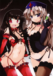 Rule 34 | 2girls, :d, alternate costume, alternate hairstyle, bare shoulders, bdsm, between breasts, black gloves, black hair, black panties, blue eyes, bondage outfit, bow, breastless clothes, breasts, bustier, censored, chain, cleavage, collar, convenient censoring, corset, crotch zipper, dominatrix, elbow gloves, female focus, femdom, fishnet legwear, fishnets, garter straps, gloves, hair censor, hair over breasts, hat, highres, houraisan kaguya, lace, lace-trimmed legwear, lace trim, large breasts, long hair, looking at viewer, multiple girls, naughty face, navel, non-web source, nurse cap, open mouth, panties, red eyes, red gloves, red legwear, red panties, scan, shirogane (platinum), side-tie panties, silver hair, smile, syringe, thighhighs, touhou, underwear, very long hair, yagokoro eirin, zipper