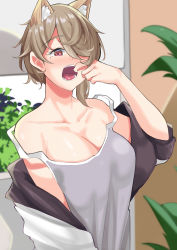 Rule 34 | 1girl, absurdres, animal ears, blush, breasts, brown hair, cat ears, cat girl, cleavage, collarbone, grey tank top, haerge, hair over one eye, highres, honkai (series), honkai impact 3rd, jacket, large breasts, looking at viewer, mole, mole under eye, mouth pull, nose blush, off shoulder, open clothes, open jacket, open mouth, red eyes, rita rossweisse, short hair, solo, strap slip, tank top