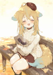 Rule 34 | 1girl, animal ears, aran sweater, bag, beret, blonde hair, blue hair, blush, brown headwear, cable knit, closed eyes, cowlick, dog ears, dog girl, dog tail, food, hair between eyes, happy, hat, holding, holding bag, long hair, long sleeves, looking at viewer, multicolored hair, on bench, open mouth, red skirt, shinsougumi, shitagai nora, sidelocks, sitting, sitting on bench, skirt, smile, solo, streaked hair, sweater, sweet potato, tail, turtleneck, turtleneck sweater, two-tone hair, unitedunti, virtual youtuber, white sweater