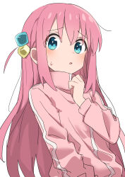 Rule 34 | 1girl, absurdres, blue eyes, bocchi the rock!, cube hair ornament, gazacy (dai), gotoh hitori, hair between eyes, hair ornament, highres, jacket, long hair, long sleeves, one side up, open mouth, pink hair, pink jacket, simple background, solo, track jacket, upper body, white background