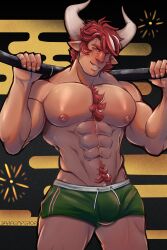 Rule 34 | 1boy, abs, absurdres, alternate facial hair, alternate horns, animal ears, arknights, bara, bara emperor, blush, body fur, bulge, chest tuft, come hither, cow boy, cow ears, cow horns, cowboy shot, dolphin shorts, egasumi, green shorts, head tilt, highres, holding behind neck, horns, humus (arknights), large pectorals, looking at viewer, male focus, mature male, micro shorts, muscular, muscular male, navel, navel hair, nipples, pectorals, penis, penis peek, red hair, scar, scar across eye, seductive smile, short hair, shorts, smile, solo, standing, stomach, thick eyebrows, thick thighs, thighs