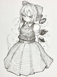 Rule 34 | 1girl, alternate costume, arms behind back, blush, bow, cirno, closed mouth, greyscale, hair bow, ice, ice wings, mashimashi, monochrome, pleated skirt, short hair, short sleeves, skirt, solo, touhou, traditional media, wings
