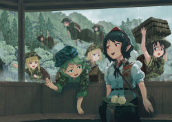 Rule 34 | 6+girls, army, bag, black hair, black skirt, blonde hair, breasts, camouflage, camouflage headwear, camouflage jacket, crate, forest, green eyes, green hair, green headwear, hand up, hat, jacket, kappa mob (touhou), leaf print, long sleeves, looking at another, looking to the side, medium breasts, misohagi, multiple girls, nature, open mouth, pointing, pointy ears, pom pom (clothes), puffy short sleeves, puffy sleeves, rain, red eyes, shameimaru aya, short sleeves, sitting, skirt, talking, tokin hat, touhou, tree, twintails, water drop, yamashiro takane