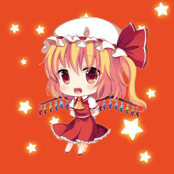Rule 34 | 1girl, :d, arms behind back, blonde hair, blush, chibi, fang, flandre scarlet, hat, looking at viewer, mob cap, open mouth, red eyes, short hair, side ponytail, skirt, skirt set, smile, solo, star (symbol), swami, touhou, vest, wings