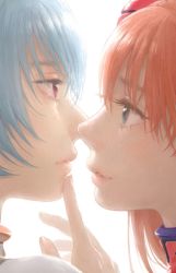 Rule 34 | 2girls, ayanami rei, backlighting, blue eyes, blue hair, bodysuit, close-up, closed mouth, couple, eye contact, eyelashes, hair between eyes, hand on another&#039;s chin, imminent kiss, light blue hair, lips, long hair, looking at another, multiple girls, neck, neon genesis evangelion, orange hair, plugsuit, profile, realistic, red bodysuit, red eyes, short hair, smile, souryuu asuka langley, tobii (tbtbi), upper body, white background, white bodysuit, yuri