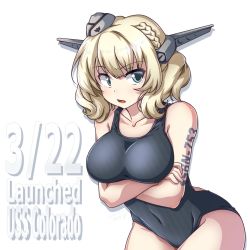 Rule 34 | 1girl, 547th sy, alternate costume, blonde hair, blue one-piece swimsuit, blush, braid, breasts, character name, collarbone, colorado (kancolle), covered navel, cowboy shot, dated, garrison cap, grey hat, happy birthday, hat, highres, kantai collection, large breasts, looking to the side, new school swimsuit, one-piece swimsuit, open mouth, school swimsuit, short hair, side braids, solo, swimsuit, tattoo, white background