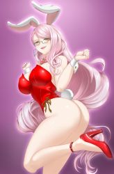 Rule 34 | 1girl, :d, animal ears, ass, bare legs, bare shoulders, bow, bowtie, breasts, cleavage, commentary request, covered erect nipples, detached collar, eyelashes, fangs, fate/grand order, fate (series), fingernails, giruba, glasses, hair over shoulder, hands up, high heels, highres, koyanskaya (fate), large breasts, leg up, leotard, long hair, looking at viewer, nail polish, open mouth, pink bow, pink bowtie, pink hair, pink nails, playboy bunny, rabbit ears, rabbit tail, red footwear, red leotard, semi-rimless eyewear, smile, solo, standing, standing on one leg, strapless, strapless leotard, tail, tamamo (fate), teeth, under-rim eyewear, very long hair, wrist cuffs, yellow eyes