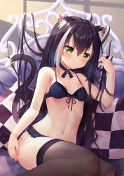 Rule 34 | 1girl, animal ear fluff, animal ears, bare arms, bare shoulders, black bra, black hair, black panties, blush, bra, breasts, cat ears, cat girl, cat tail, checkered pillow, collarbone, commentary request, gem, green eyes, hair between eyes, highres, karyl (princess connect!), long hair, looking at viewer, low twintails, lying, medium breasts, multicolored hair, navel, on back, panties, princess connect!, revealing clothes, solo, streaked hair, tail, taku michi, twintails, underwear, underwear only, very long hair, white hair