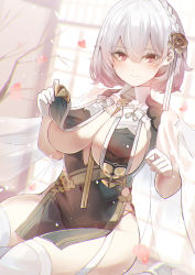 Rule 34 | 1girl, azur lane, blush, braid, breast curtains, breasts, china dress, chinese clothes, collar, dress, falling petals, flower, garter straps, gloves, hair between eyes, hair flower, hair ornament, highres, large breasts, looking at viewer, official alternate costume, pelvic curtain, petals, red eyes, revealing clothes, sea nami, short hair, sirius (azur lane), sirius (azure horizons) (azur lane), sitting, solo, thighhighs, white gloves, white hair, white thighhighs